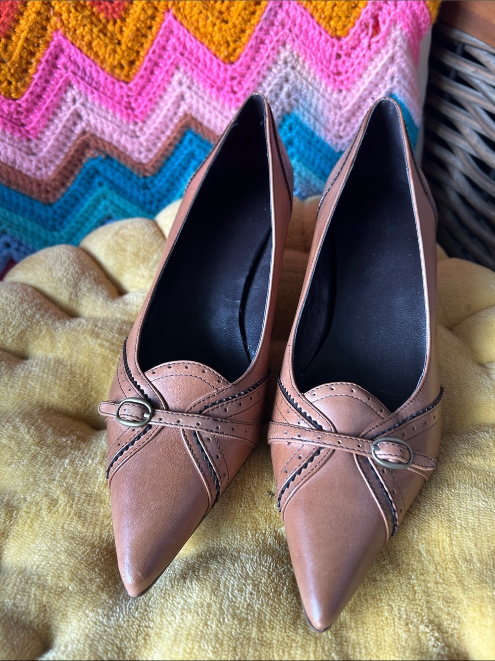 Ann Taylor Tan Pointed-Toe Leather Heels with Buckle Detail